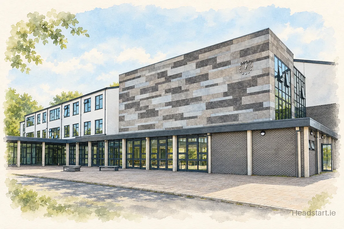 Watercolour illustration of the Ennistymon Community School building, Ennis
