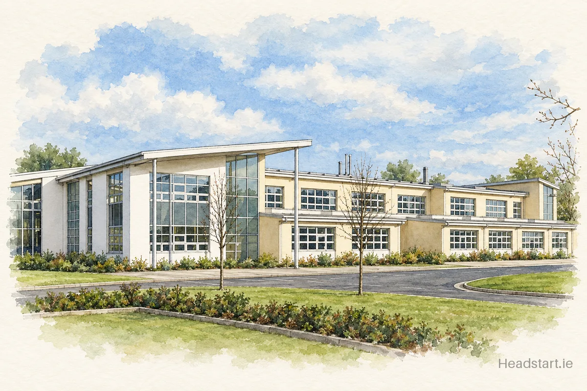 Watercolour illustration of the Kildare Town Community School building, Kildare